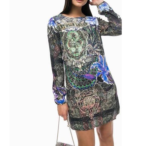 DESIGUAL Raul Gothic Theme Long Sleeve Shift Mini Dress Sz Small Lined - Picture 2 of 11